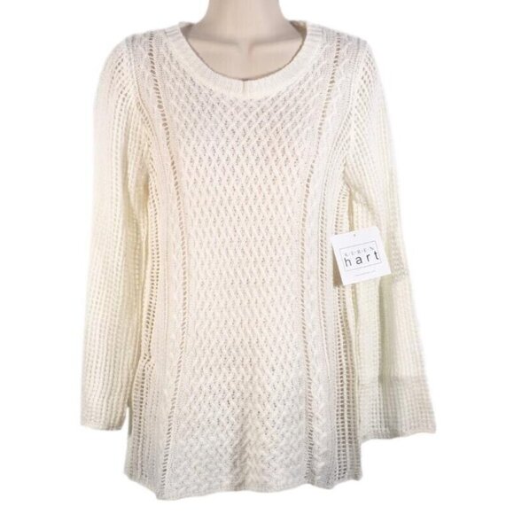 Keren Hart Womens Sweater SIze M Crocheted Ivory Crew Neck Bell Long Sleeve - Picture 1 of 10